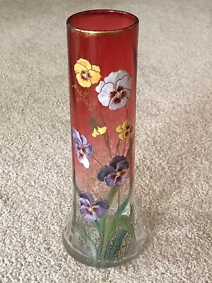 Moser Unmarked Cranberry Clear Art Glass Pansies 14&1/2” Antique Vase Mont Joye • $380