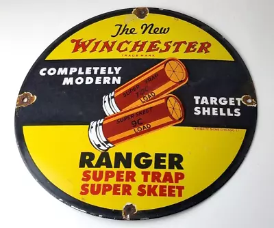 Vintage Winchester Sign - Shotguns Super Trap Firearms Gas Pump Porcelain Sign • $145.47