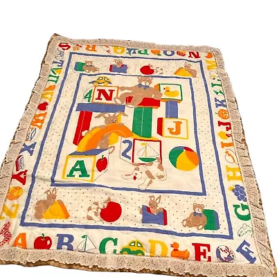 VintageQuilted Baby Blanket Child’s White Alphabet Teddy Bear Puppy White ABCs • $18.99