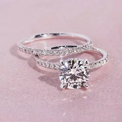 2Pcs/Set Women 925 Silver Rings Luxury Cubic Zircon Wedding Jewelry Sz 6-10 • $2.69