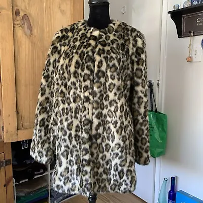 NEW Nicole Miller Collarless Faux Fur Coat Leopard Print Size Medium • $99