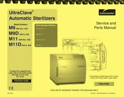 Midmark M11 M11D M9 M9D Ultraclave Sterilizer REPAIR SERVICE & PARTS MANUAL • $19.95