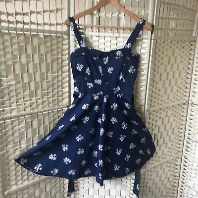 Apricot Blue Floral Fit Flare Circle Dress Size 8 UK Sweetheart Neck 50's Style • £10.90