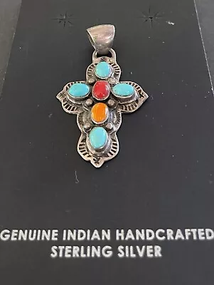 Vintage Navajo Turquoise Coral Spiny Oyster Sterling Cross Pendant Signed E L • $59