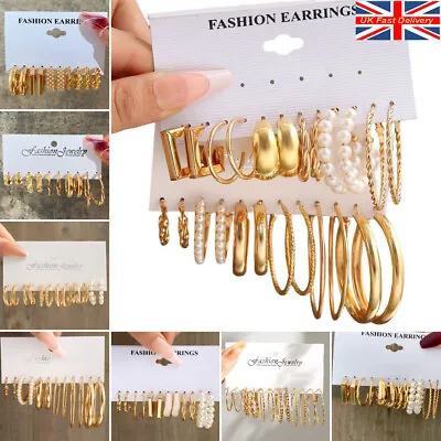 A Set Of 6 Pairs Silver Gold Round Hoops Earrings Pearl Crystal Jewelry Set Pack • £1.99