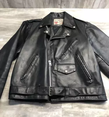 Sears The Leather Shop Biker Jacket Size 44 Motorcycle Black Leather Vintage 70s • $174.99