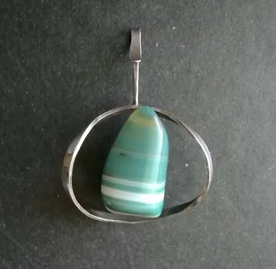 Vtg Sterling Silver Modernist Norway Pendant Asbjorn Birkelund Striped Agate MCM • $59.99