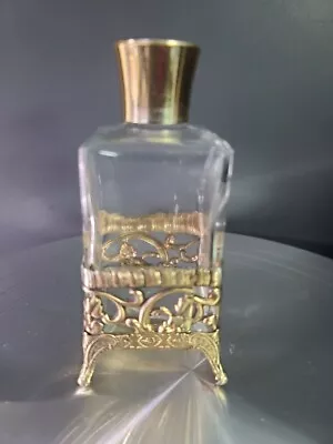 Vintage Perfume Bottle Gold Tone Metal Brass Filigree Over Glass Footed • $14