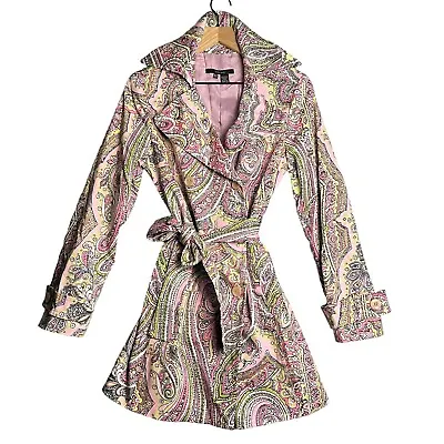 $23.10 • Buy Zara Paisley Trench Coat Pink Paisley Medium Tie Belt Pockets Lined Cape Back