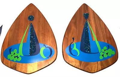 Pr Vtg Mid Century MOD Belart Wall Art Plaques Walnut Plastic Popcorn Blue Green • $139