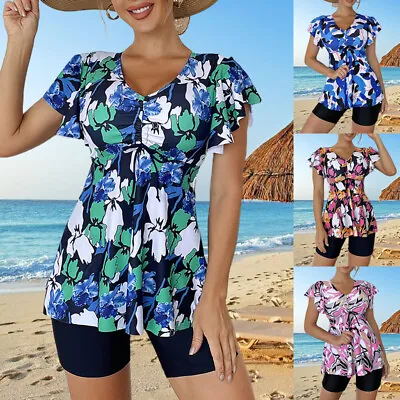 Ladies Tankini Sets Short Sleeve Swimwear Women Floral Print Beach Athletic • £15.24