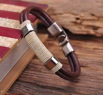 G113 Brown A Surfer Hemp Leather Hand Wrap Men's Wristband Bracelet Cuff New • £3.59