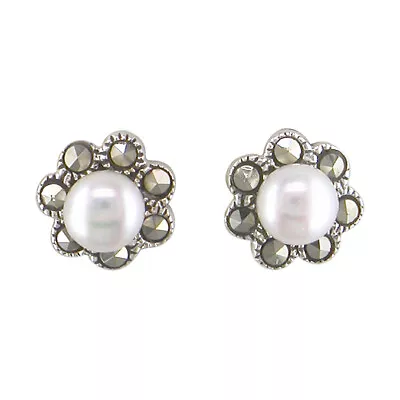 Marcasite And Freshwater Pearl Stud Earrings Solid Sterling Silver 925 Hallmark • £19.99