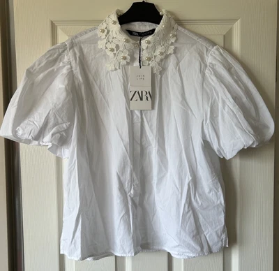£19.99 • Buy BNWT Pearl Lace Collar ZARA White Cotton Puff Sleeve Top Blouse Shirt XL 16