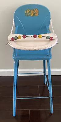 Amsco Doll-E-Hichair Blue Metal High Chair W Wooden Abacus 28” Tall 1950’s VTG • $85.95