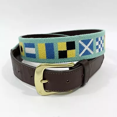 Harding Lane Men’s Sz 34 Nautical Flags Needlepoint Leather & Brass Belt *Flaws* • $24.49