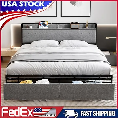 Full Queen Size Bed Frame Upholstered Headboard Storage Drawers Charging Station • $169.99