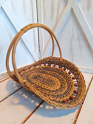 Vintage Wicker Woven Flower Herb Gathering Basket Beaded Philippines Brown Tones • $38.95