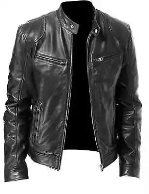 Racer Biker Leather Fashion Jacket Black & Brown Soft Sheep Skin Leather • $90