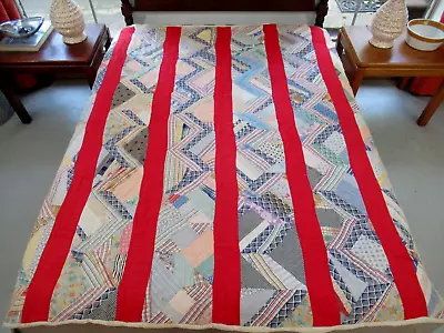 Vintage Farmhouse Hand Sewn Feed Sack & Turkey Red ZIG ZAG Quilt; 3D Illusion • $15