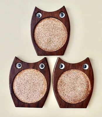 3 MCM Mid Century Modern Teak & Cork Owl Coasters W/ Googly Eyes 4” VGC • $24.99