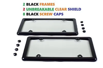 $12.95 • Buy 2 Unbreakable Clear License Plate Tag Shield Covers + 2 Black Frames + 8 Caps