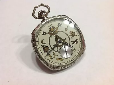 1923 Elgin 12s Masonic Dial Pocket Watch Running Great Dial GF Cushion Case 15j • $280