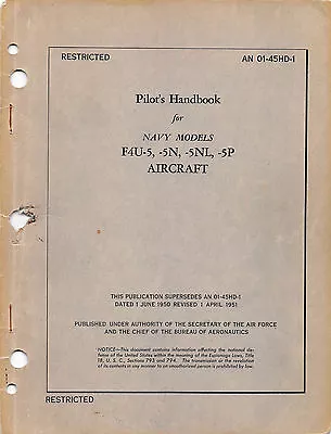 1951 F4U-5 Pilot's Handbook Flight Manual Flight Operating Instructions -CD- • $24.99