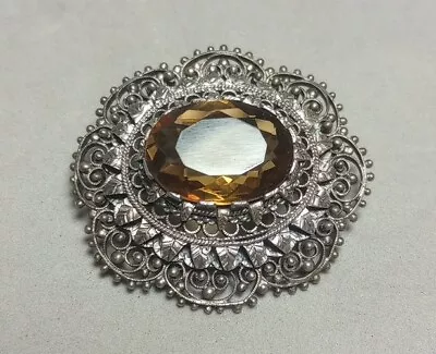 Vintage .800 Silver Filagree Brooch W/Faceted Oval Citrine? Glass?--CH • $24.99