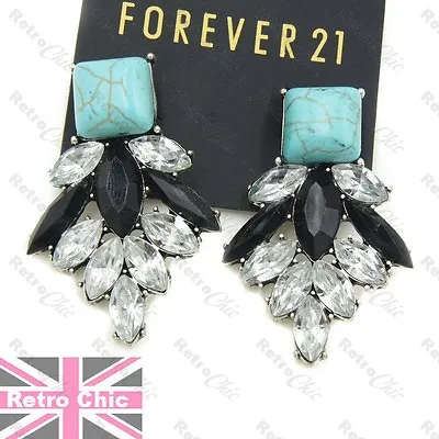 VEINED TURQUOISE Chandelier EARRINGS Rhinestone Black ART DECO Vintage Style • £2.99