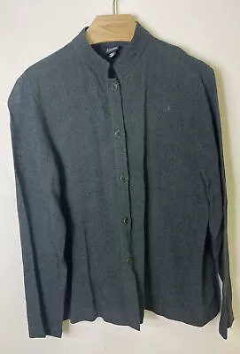 Eileen Fisher Button Shirt Small Green Red Linen Blend Mandarin ￼￼Collar • $18