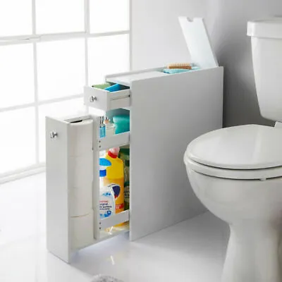 £47.99 • Buy White Slim Floor Cabinet Free Standing Toilet Storage Bathroom Unit With Drawers