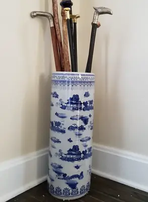 Floral Blue & Gray Porcelain Umbrella Cane Stand Holder Plant Vine Floor Vase • $99.89