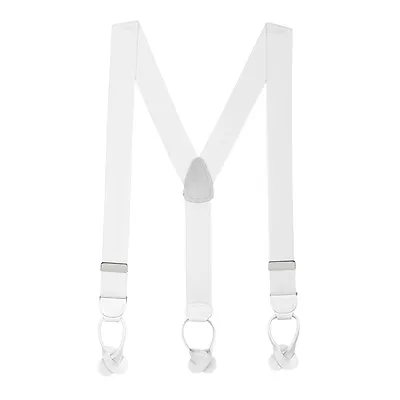 New White Button On Elastic & Real Leather Suspenders Tuxedo Braces Y Back USA • $20.95