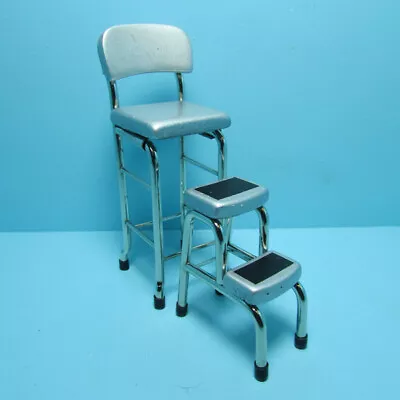 Dollhouse Miniature Metal High Back Kitchen Chair With Step Stool Silver T5953 • $23.39