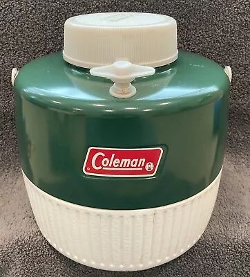 Vintage Coleman 1 Gallon Green & White Water Cooler Jug With Lid Cup USA • $29