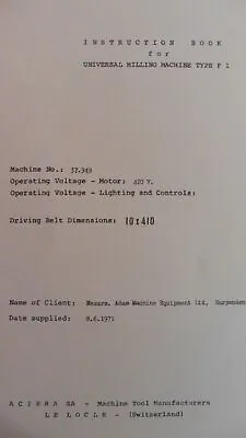 Aciera F1 Universal Milling Machine Instruction Manual 1971 • £12
