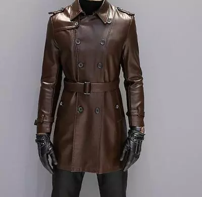 Men's Leather Double Breasted Jacket Motorcycle Military Mid-Length Coat Lapel  • $88.56