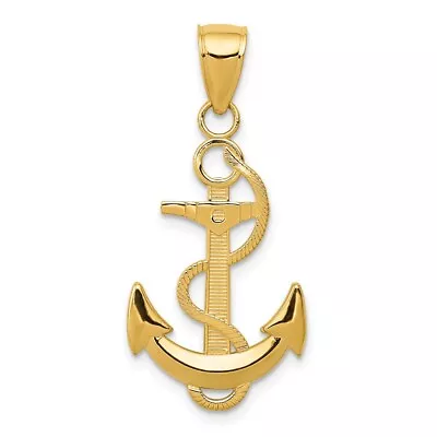 Real 14kt Yellow Gold Polished Anchor With Textured Rope Pendant • $133.53