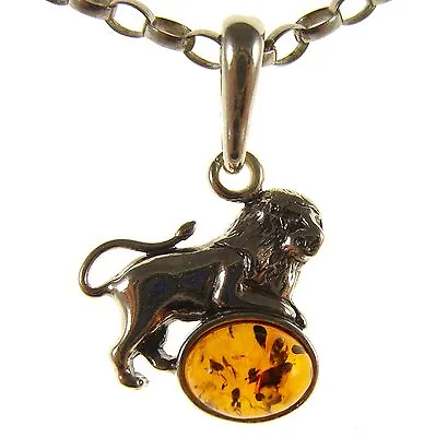 Baltic Amber Sterling Silver 925 Leo Lion Astrology Zodiac Sign Pendant • £12.99