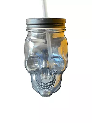 NEW Skull Shape Clear Glass Mason Jar Sipper Mug W/Screw-On Lid Straw • $18