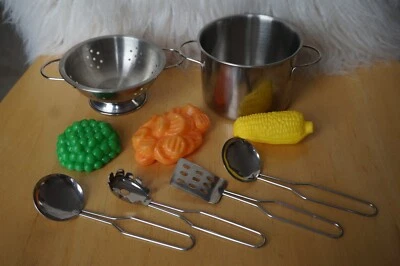 $8.88 • Buy PLAY FOOD Silver Metal Pot Pan Strainer Utensil Vegetable Peas Carrots Corn Toy