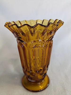 Amber Glass Moon And Stars Glass Ruffled Footed Vase Compote Vintage LE Smith • $25