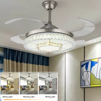 42  Crystal Ceiling Fan Light Remote Control 3 Color LED Chandelier For Bedroom • $91.20