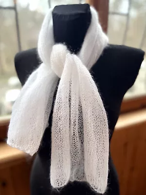 Women White Knitted Fuzzy Wool Kid Mohair Scarf Hand Knit Light Transparent • $34.99