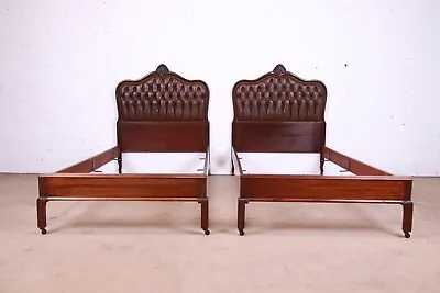 French Provincial Louis XV Mahogany And Tufted Leather Twin Beds Pair • $2200