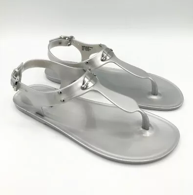 MICHAEL KORS Plate Jelly Silver Thong Sandal MK Logo US SZ 6-9 Women's NEW • $44.99