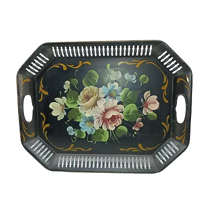 Vintage Hand Painted Large Toleware Floral Metal Tray Octagon Black Cut-out Rim • $27.99