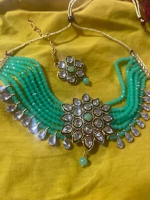 Indian Traditional Crystal Green With Gold Combination Chocker Set  • $15