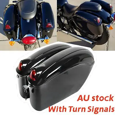 2Pcs Universal Hard Motorcycle Saddle Bags W/Light For Yamaha Harley Honda Black • $193.75